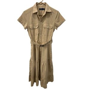 Polo Ralph Lauren Khaki Cotton Tiered Belted Shirt Dress Sz 0